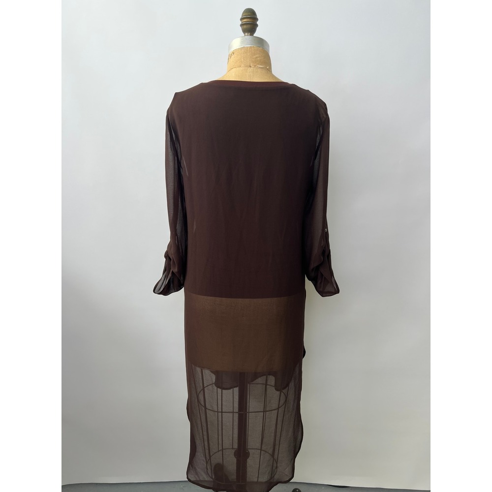 Alberto Makali New York Brown Sheer V-Neck High Low Tunic Roll Tab Sleeve Top - Picture 3 of 6